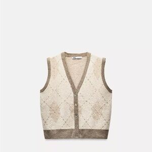 Zara Cream and Brown Knit Vest
